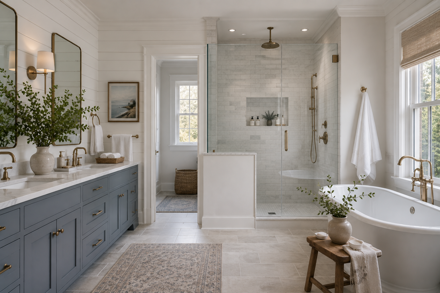 Elegant bathroom with a double vanity with blue cabinets, white marble countertop, large mirror, and wall-mounted light fixtures. There is a bathtub with a potted plant on a small wooden stool beside it. A glass-enclosed shower with a rainfall showerhead and built-in niche is visible. The room has large windows with blinds, white walls, and beige tiled flooring.