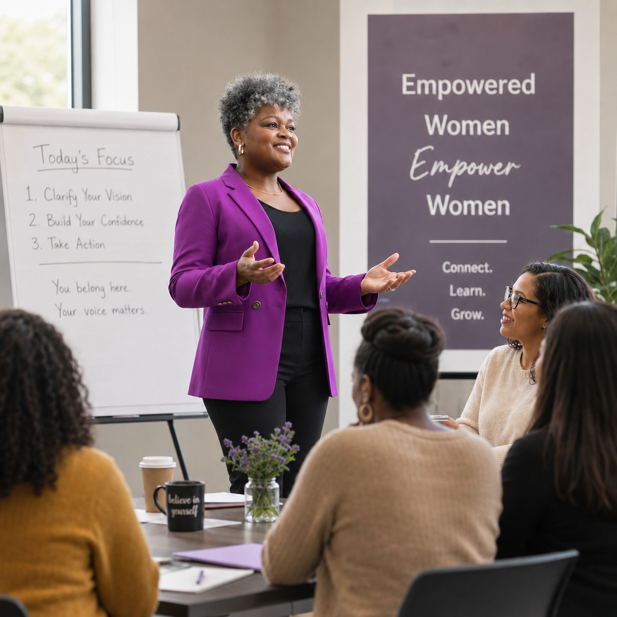 A woman with short, curly gray hair wearing a purple blazer and black top giving a presentation in a room with several women seated at a table, a whiteboard with notes, and a large banner that reads 'Empowered Women Empower Women'.