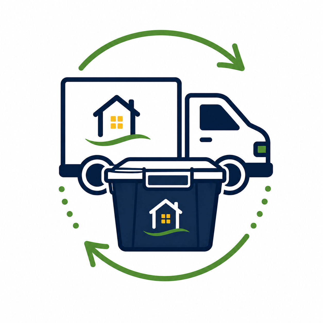 A moving truck and moving tote in a recycling arrow circle. Reusable totes are a more eco-friendly option for moving over disposable choices.