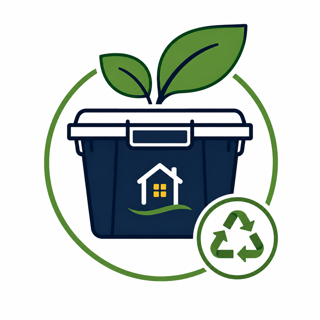 A digital illustration of a blue moving tote with green leaves and a recycling symbol. Reusable totes are used again and again, reducing waste from carboard moving boxes, tape, and other single-use supplies.