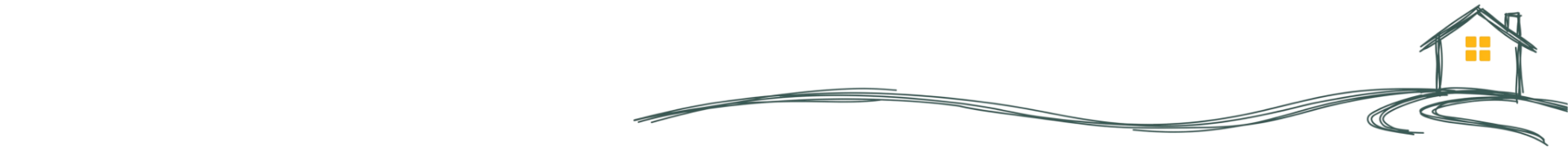 Line drawing of a long path leading to a small house situated near hills.