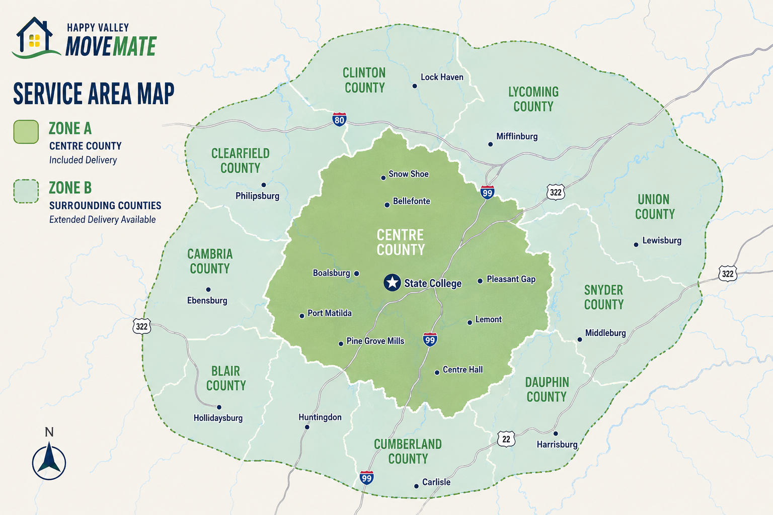 Map of service area zones for Happy Valley Move Mate, showing zone A in center county and zone B covering surrounding counties.