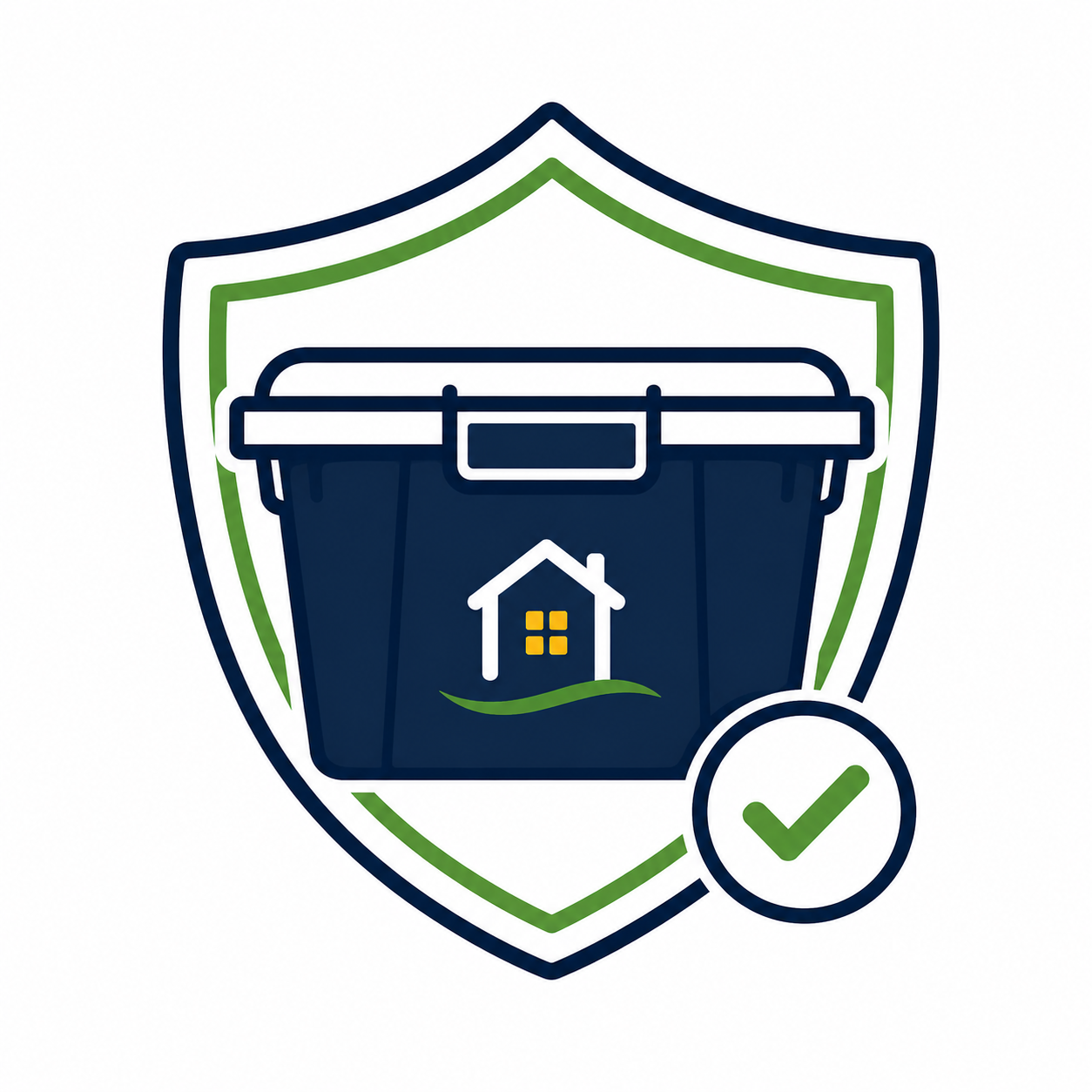 A moving tote inside a security badge with a check mark. Happy Valley MoveMate totes are a more secure option for transporting your belongings whether you're worried about stacking boxes or getting rained on.
