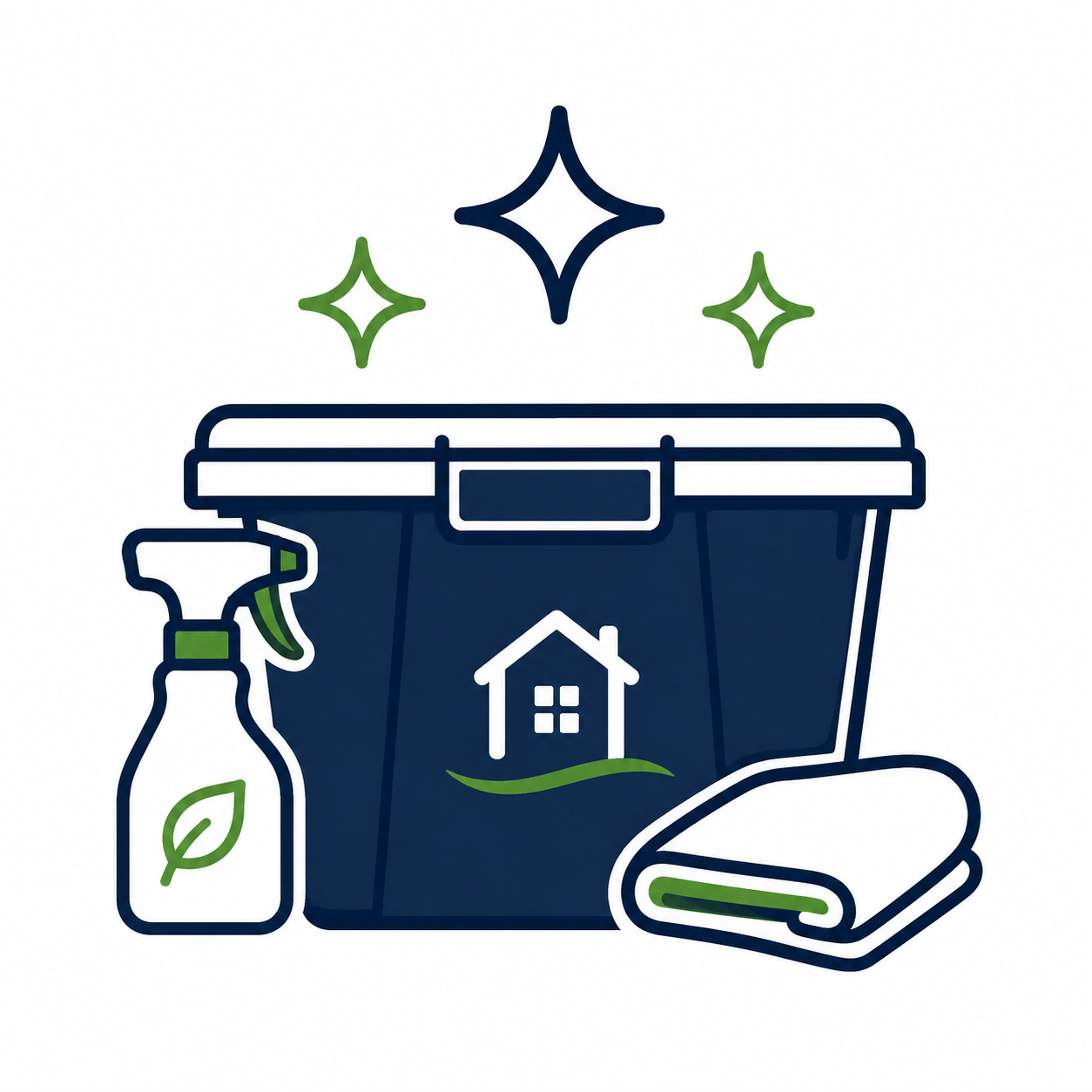A clean and ready reusable plastic moving tote with a cleaner bottle and towel symbolizing that Happy Valley MoveMate cleans and inspects totes before every rental.