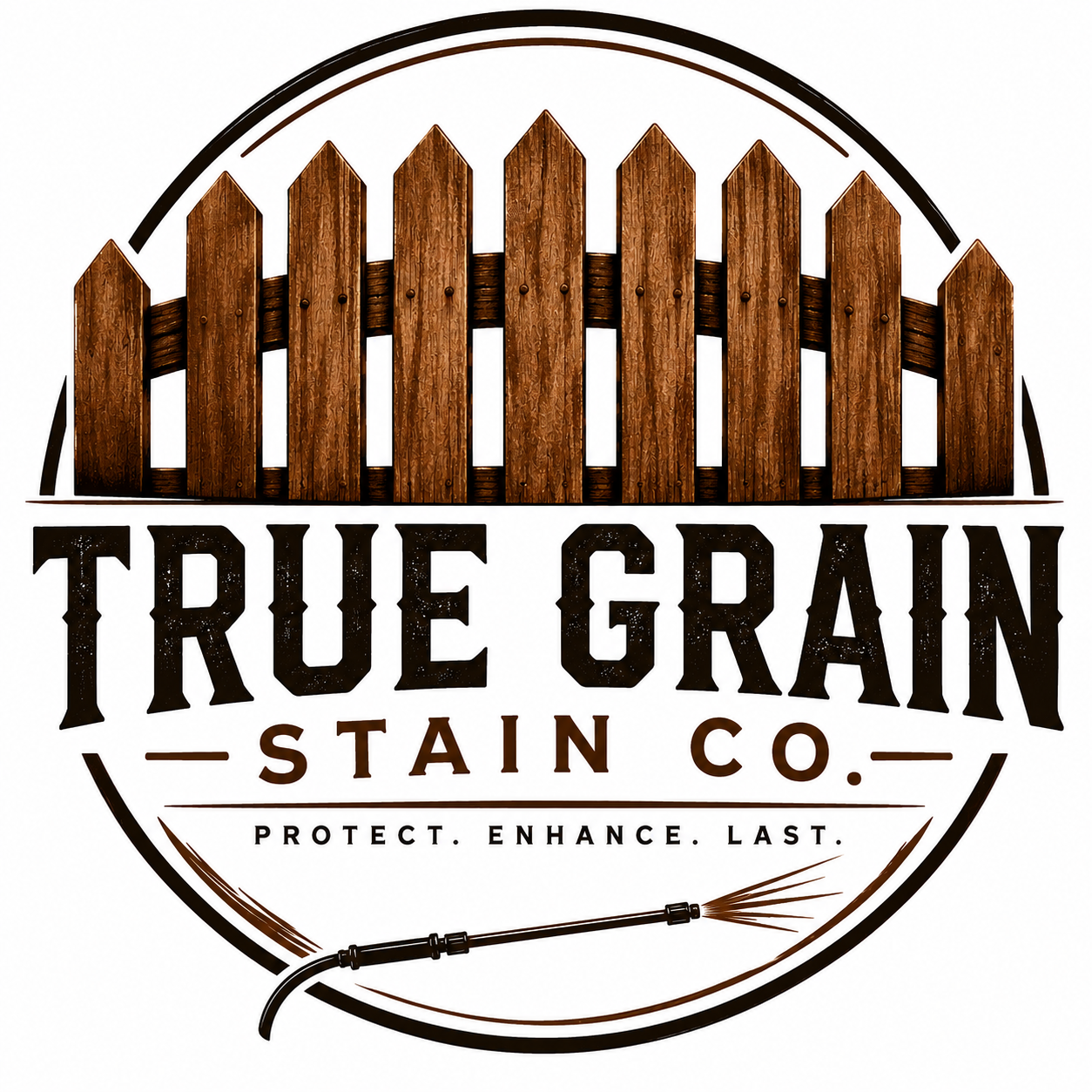 Logo for True Grain Stain Co. featuring a wooden fence, a spray nozzle, and the text 'Protect. Enhance. Last.'