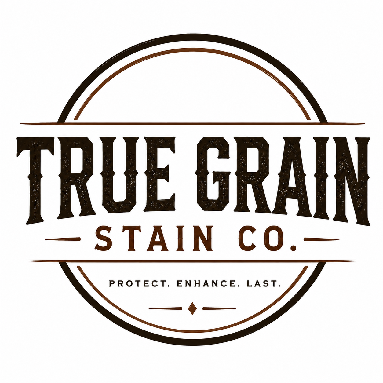 Logo for True Grain Stain Co. featuring a circular design with text and decorative elements, emphasizing protection, enhancement, and longevity.