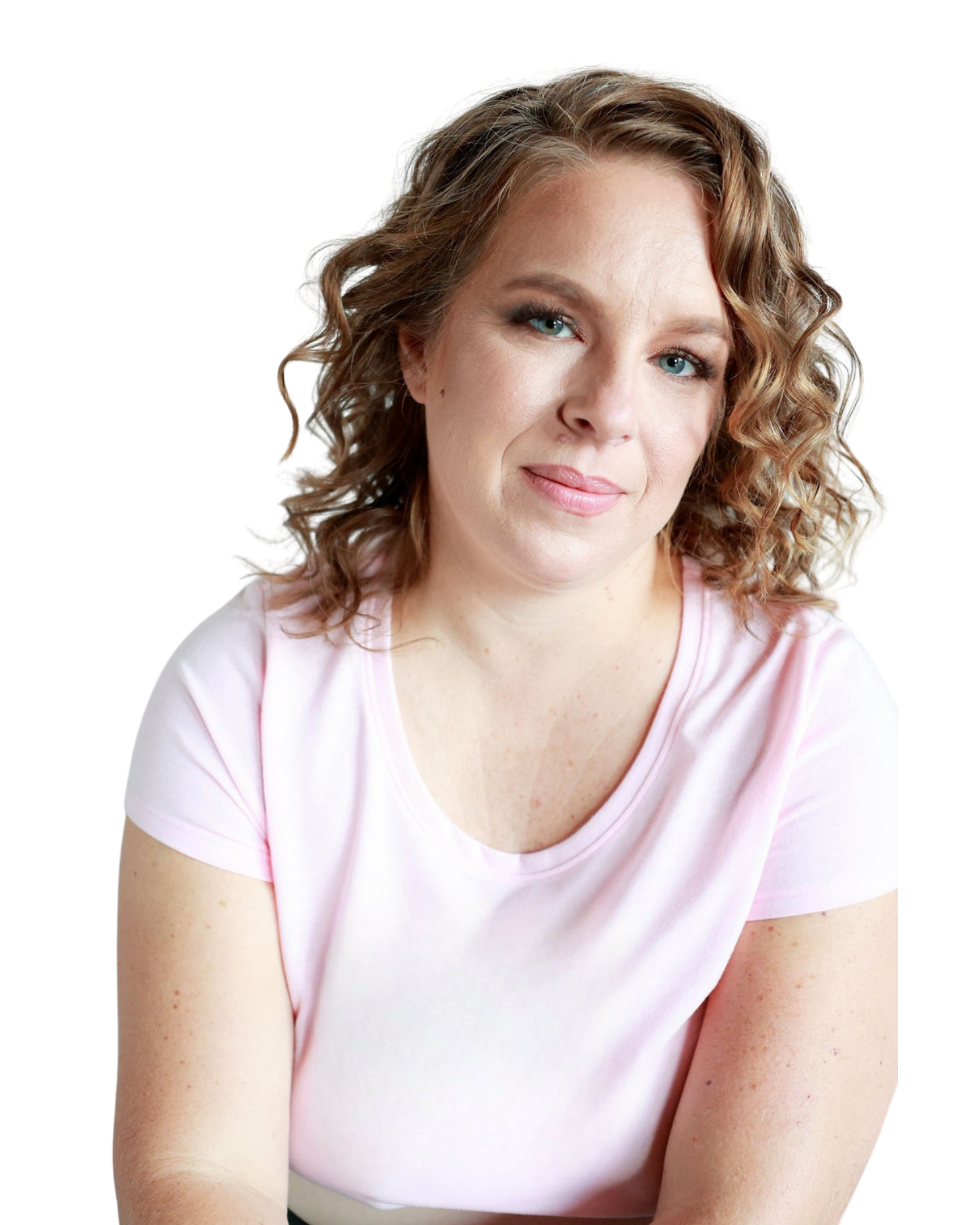A woman with curly light brown hair and blue eyes wearing a pink t-shirt, smiling softly, with a black background and a red gradient border on the right side of the image.