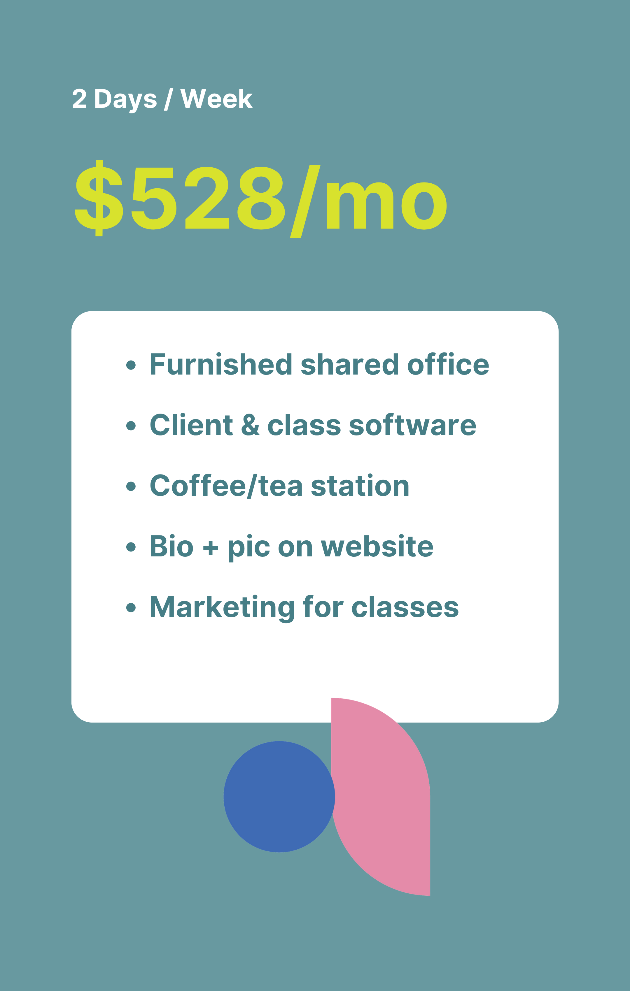 A digital graphic showing a subscription pricing plan of $528 per month, accessible two days a week. The plan includes features such as furnished shared office space, client and class software, a coffee or tea station, a bio and picture on the website, and marketing for classes, with a background of abstract geometric shapes.