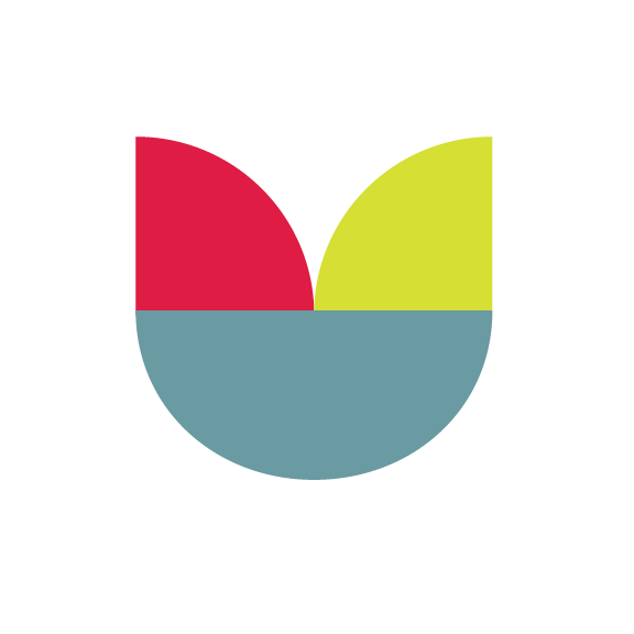 A pie chart with three segments in red, yellow, and teal, with a small black circle at the center.