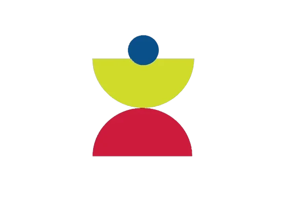 Abstract geometric figure with a blue circle on top, yellow semicircle in the middle, and red semicircle at the bottom.