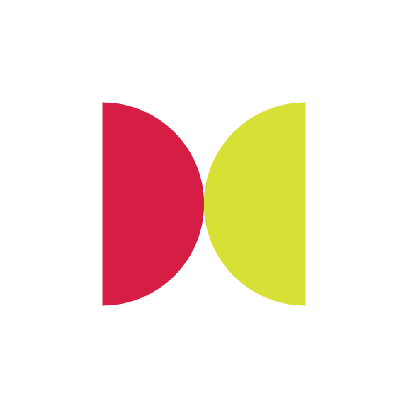 A stylized logo with a red semi-circle on the left and a yellow semi-circle on the right facing each other.