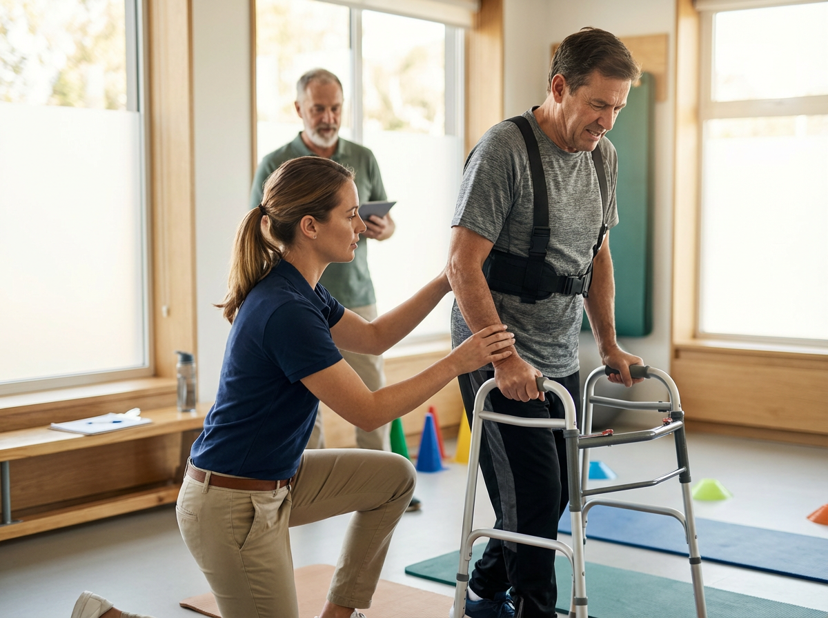A physical therapist helps an older man who is using a walker during a rehab session in a bright, sunny room with large windows and colorful cones on the floor.