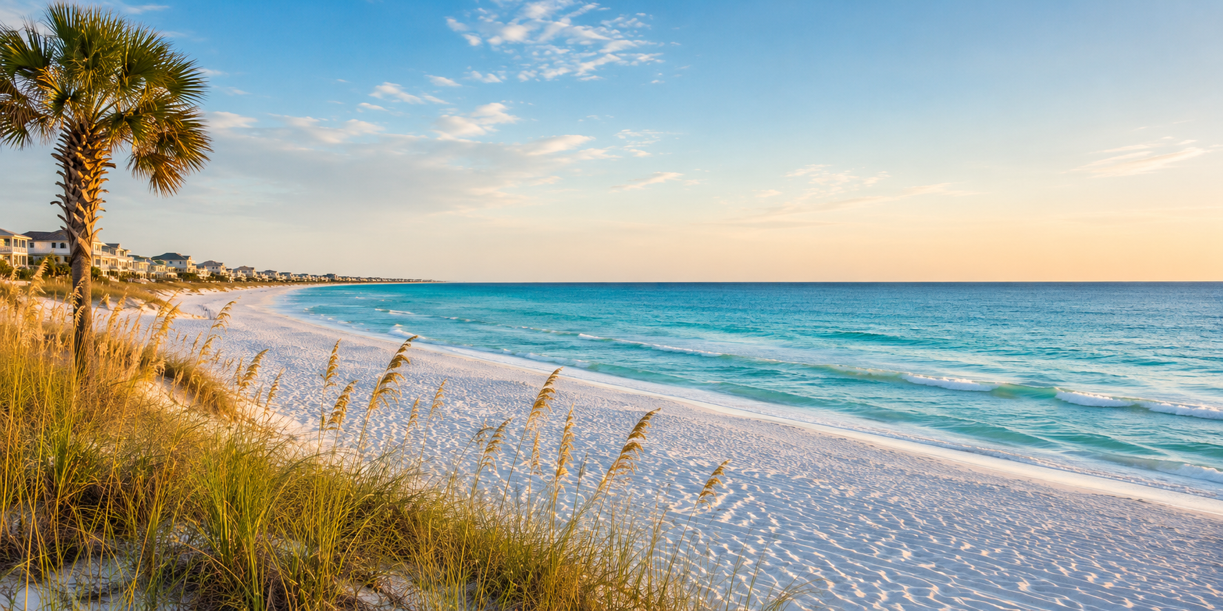 A beach with white sand, blue ocean waves, a palm tree on the left, and houses in the background at sunset.
