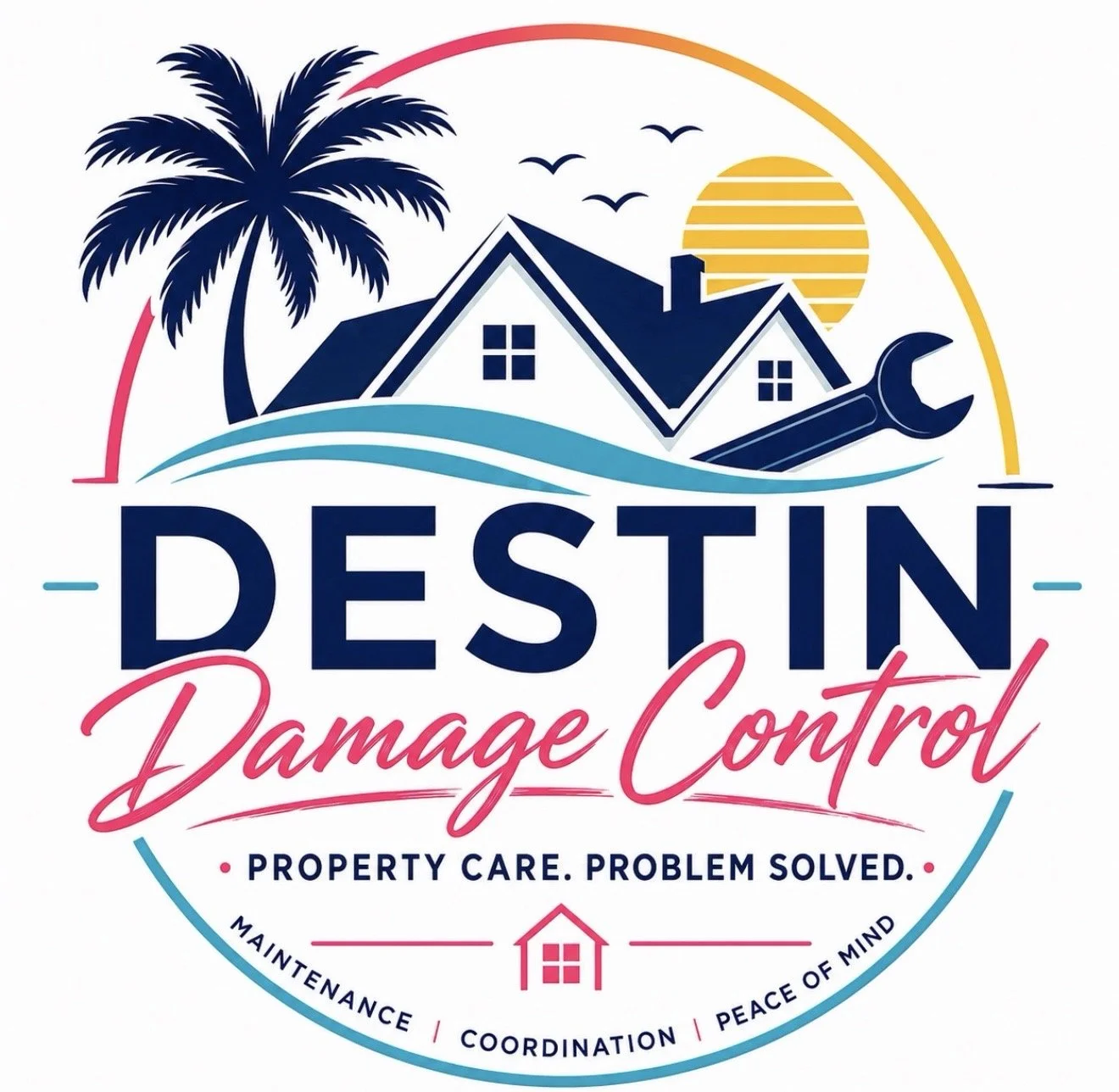 Logo for Destiny Damage Control featuring a palm tree, house with a wrench, setting sun, and flying birds, with text about property care and problem solving.