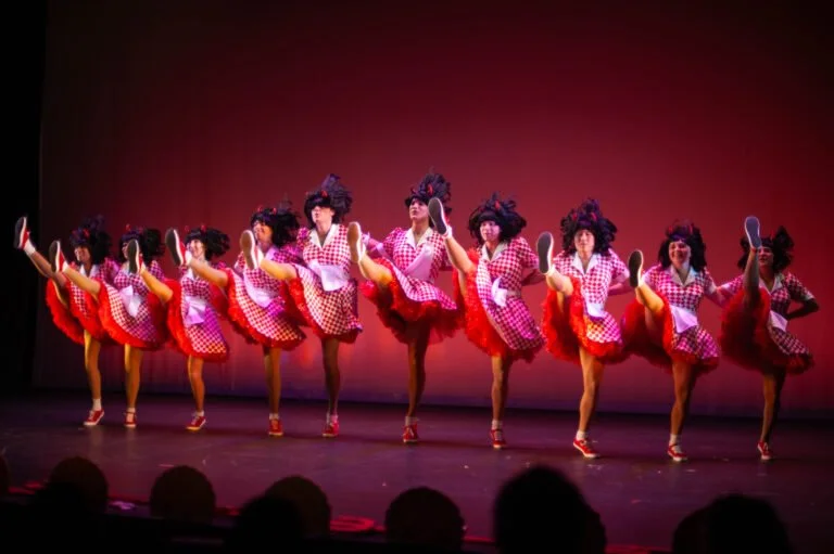 Group of performers in colorful costumes performing a dance on stage.