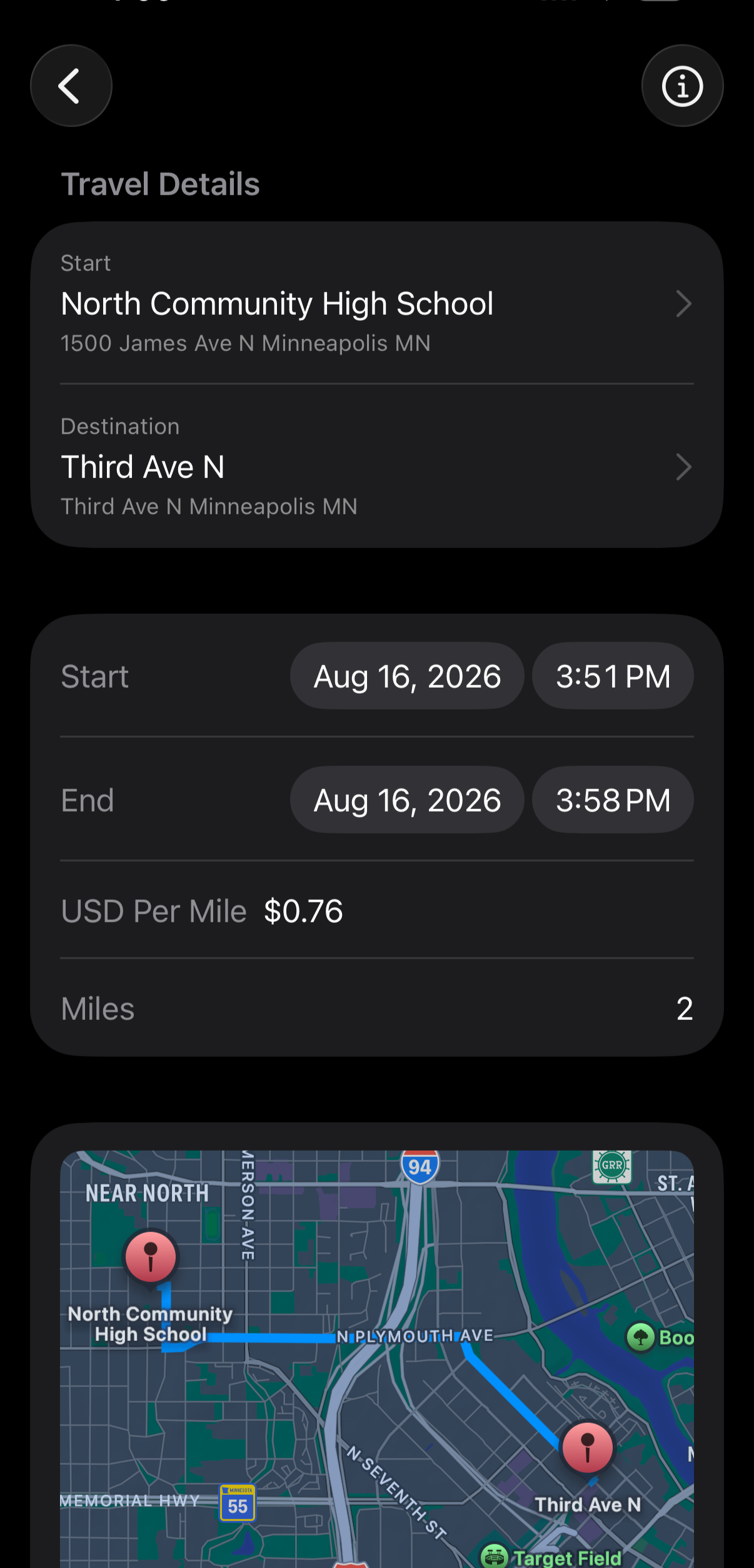 Travel detail page showing a trip of 2 miles, and a $0.76 per mile write off estimate.