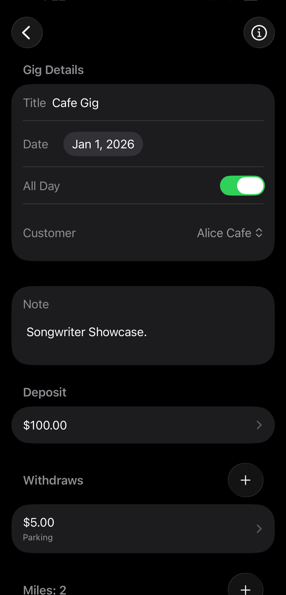 Gig Detail page showing a deposit and withdraw being tracked.