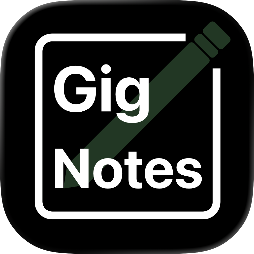 An app icon with a black background, white border, and green pencil drawing a line through the words 'Gig Notes' written in white.