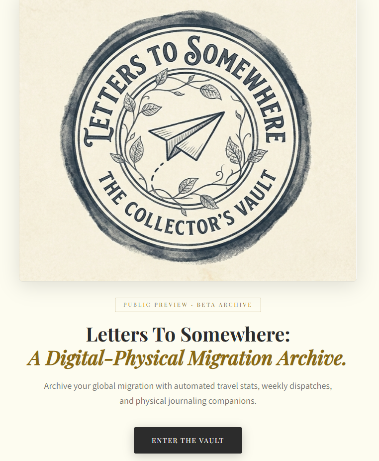 A circular logo with the phrase 'Letters to Somewhere: The Collector's Vault' around the edge. The center features a paper airplane surrounded by leaves and vines.