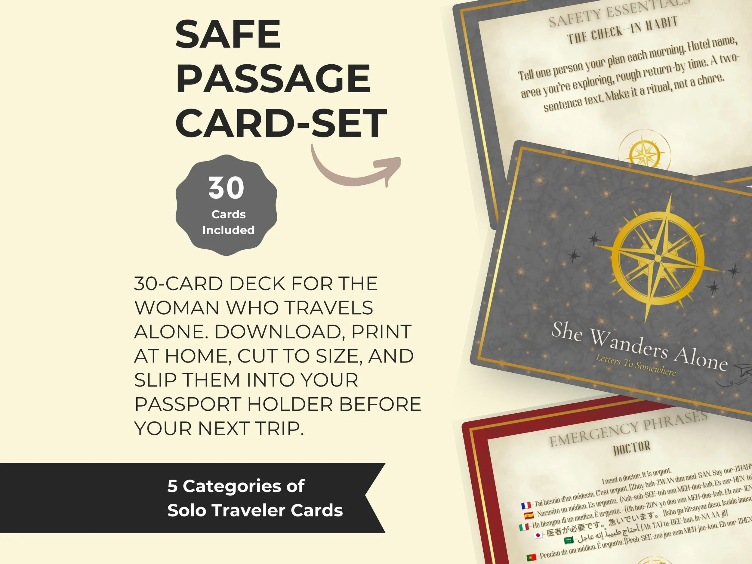 Safe Passage Card Set | Solo Female Travel Safety Affirmations (PDF Download)