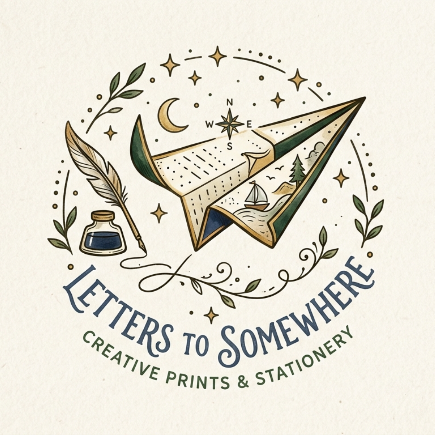 Tattoo style design of a folded map with nature scenes inside, surrounded by leaves, stars, a crescent moon, and a compass, with text reading 'Letters to Somewhere: Creative Prints & Stationery'.