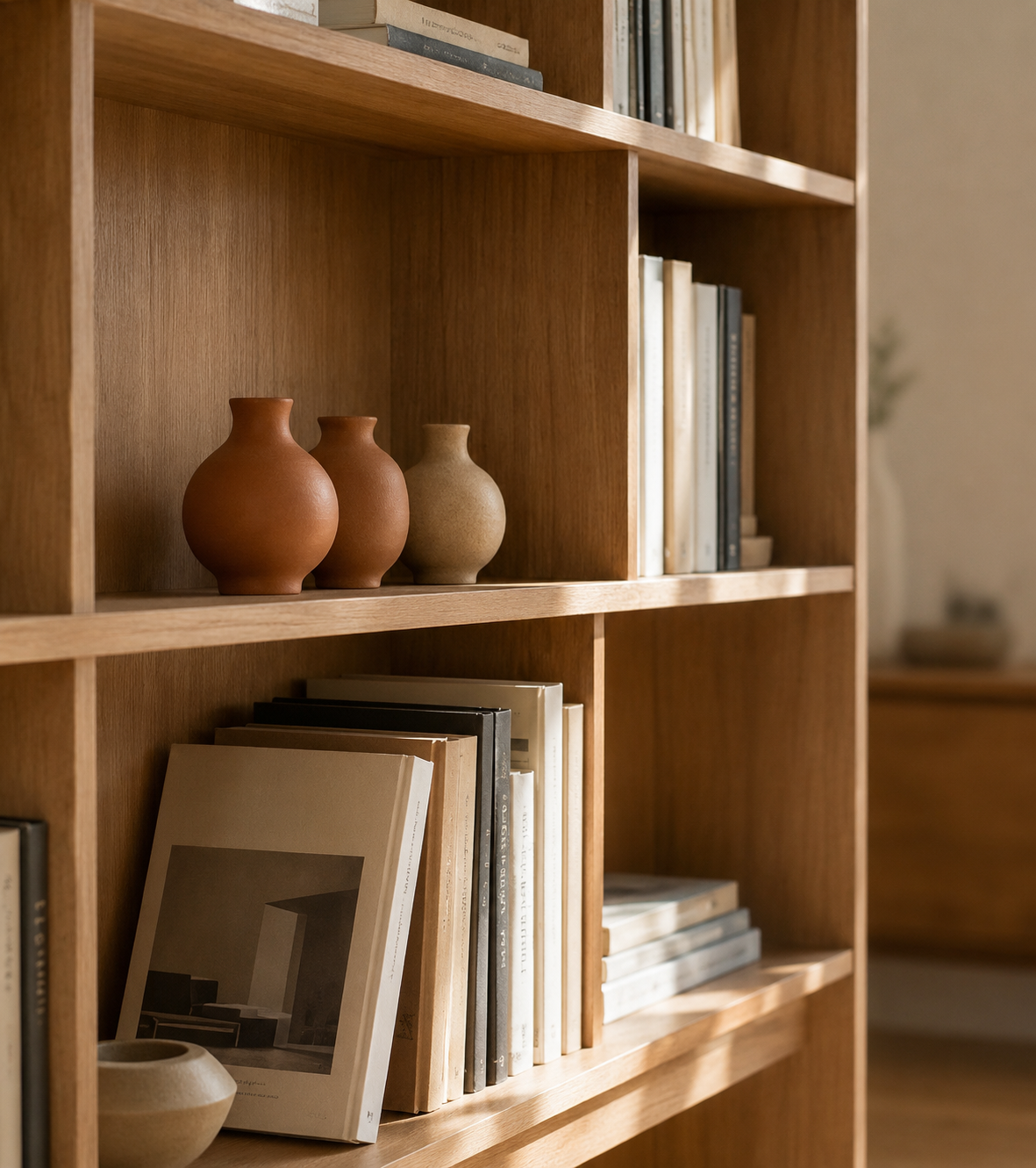 Warm wooden bookshelf with books and ceramic decor creating a calm, welcoming therapy office environment.