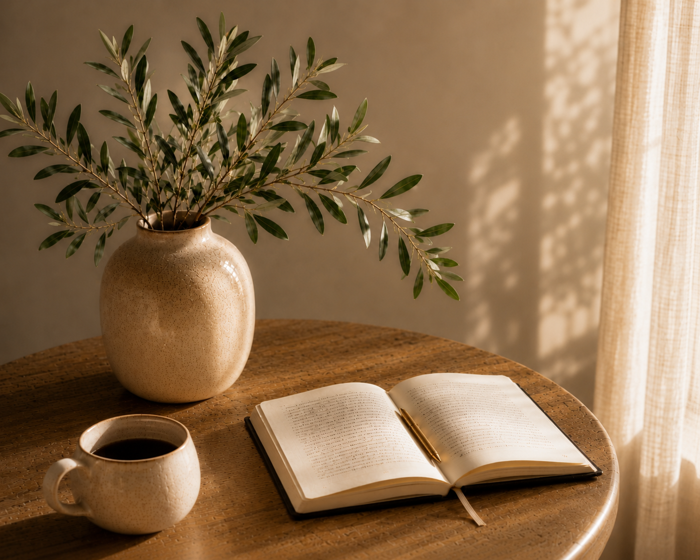 Calming therapy office decor with a plant, journal, coffee mug, and warm natural light representing a welcoming counseling space.