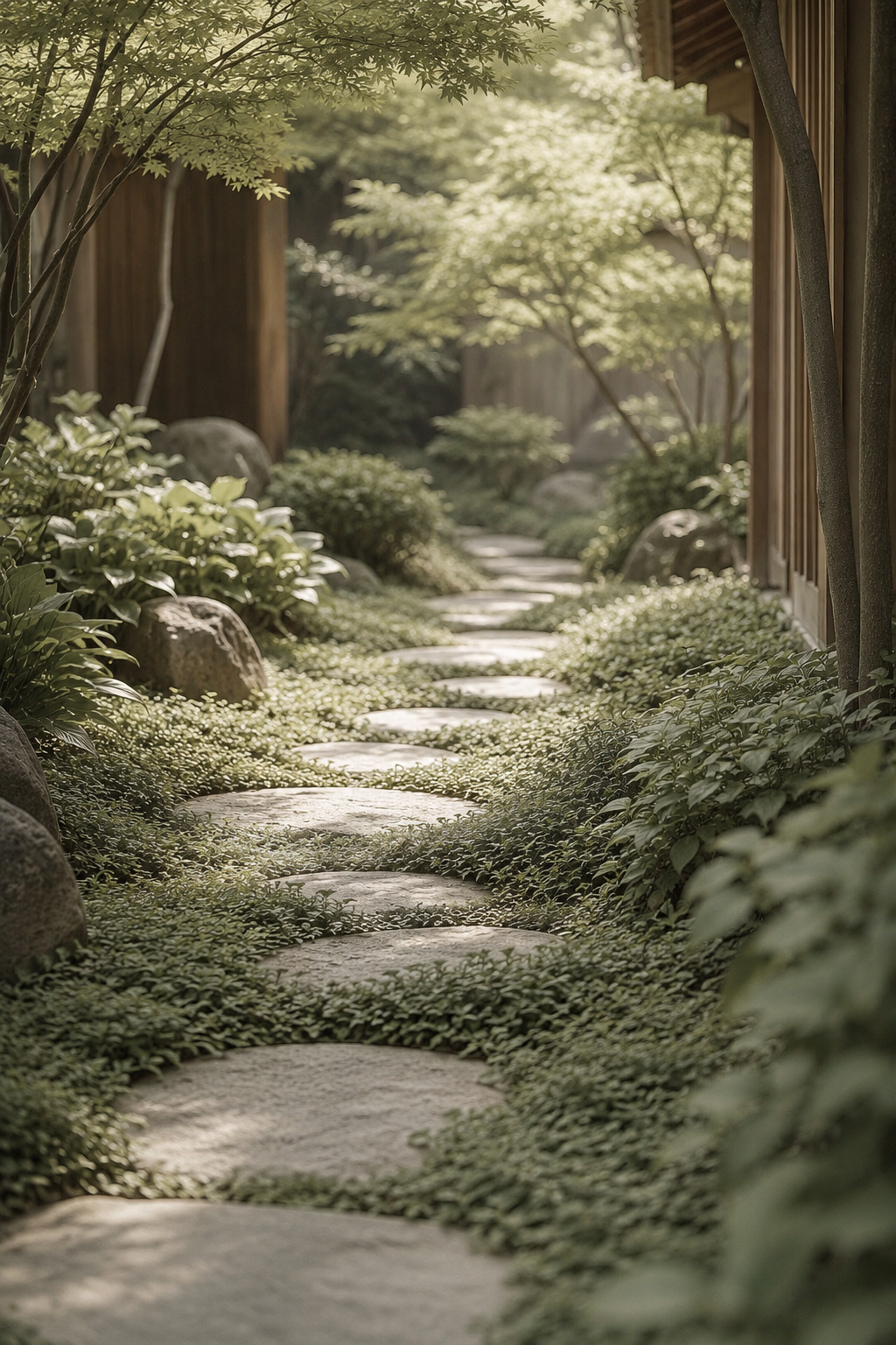 Peaceful garden pathway surrounded by greenery, representing reflection, growth, and healing.