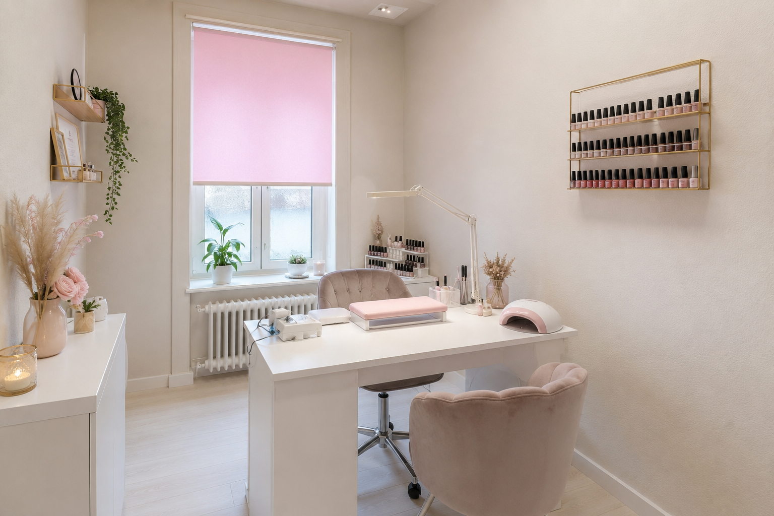 Hübscher, modern gestalteter Kosmetikerinnenraum mit weißem Tisch, beige Stühlen, Farbigen Nagellacken an der Wand und Pflanzen.
