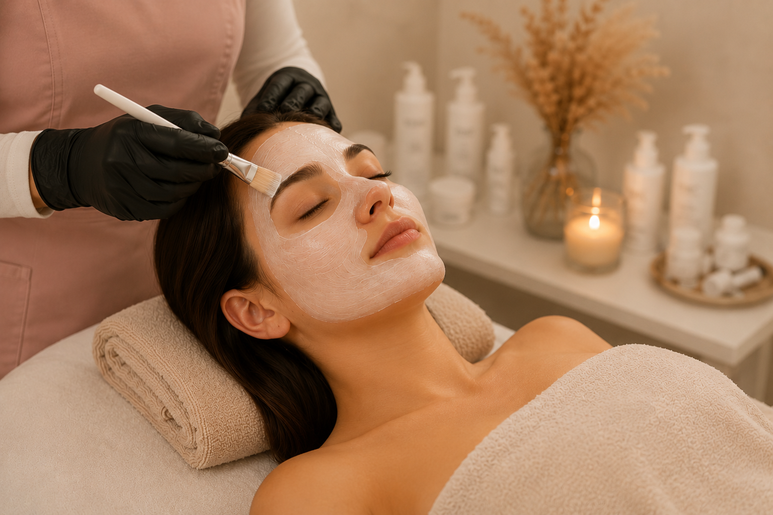 Frau erhält eine Gesichtsbehandlung in einem Spa, wird mit einer weißen Maske eingecremt, umgeben von Pflegeprodukten und Kerzen