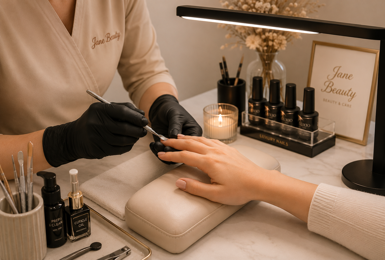 Nagelpflegerin, die an einem Kunden eine Nagelaccuracy durchführt, mit verschiedenen Nagelpflegeprodukten und Kerze im Hintergrund.