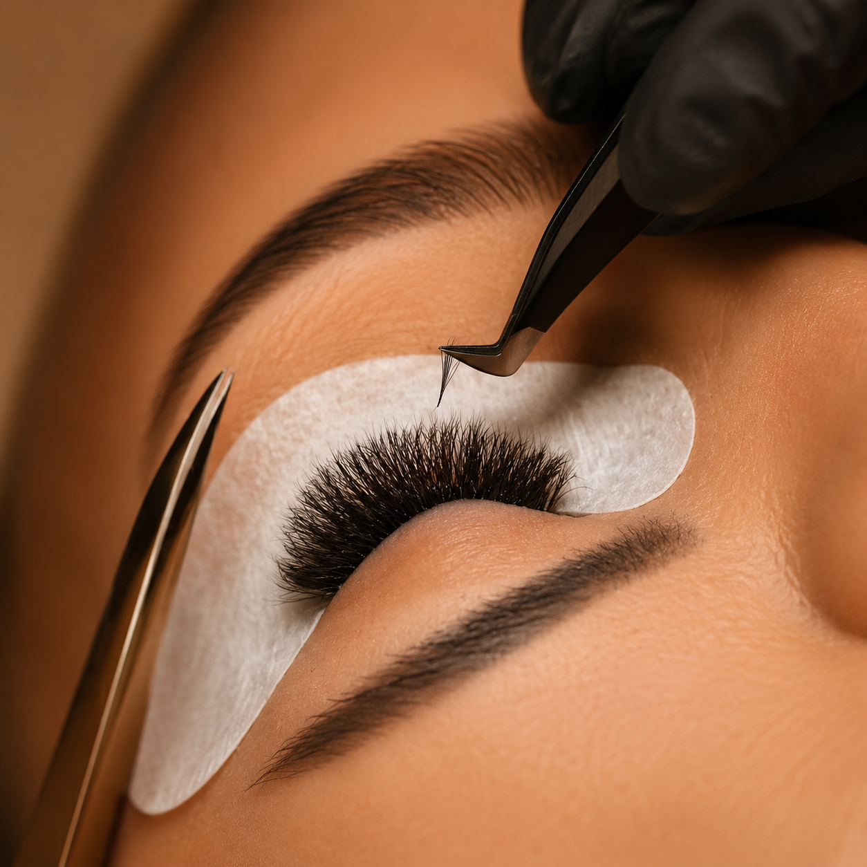 Näheaufnahme eines kosmetischen Eingriffs bei Wimpernverlängerung, bei dem eine Fachkraft mit Feile und Pinzette arbeitet, während die Augen eines Kunden geschlossen sind und ein Schutzpad unter dem Auge liegt.