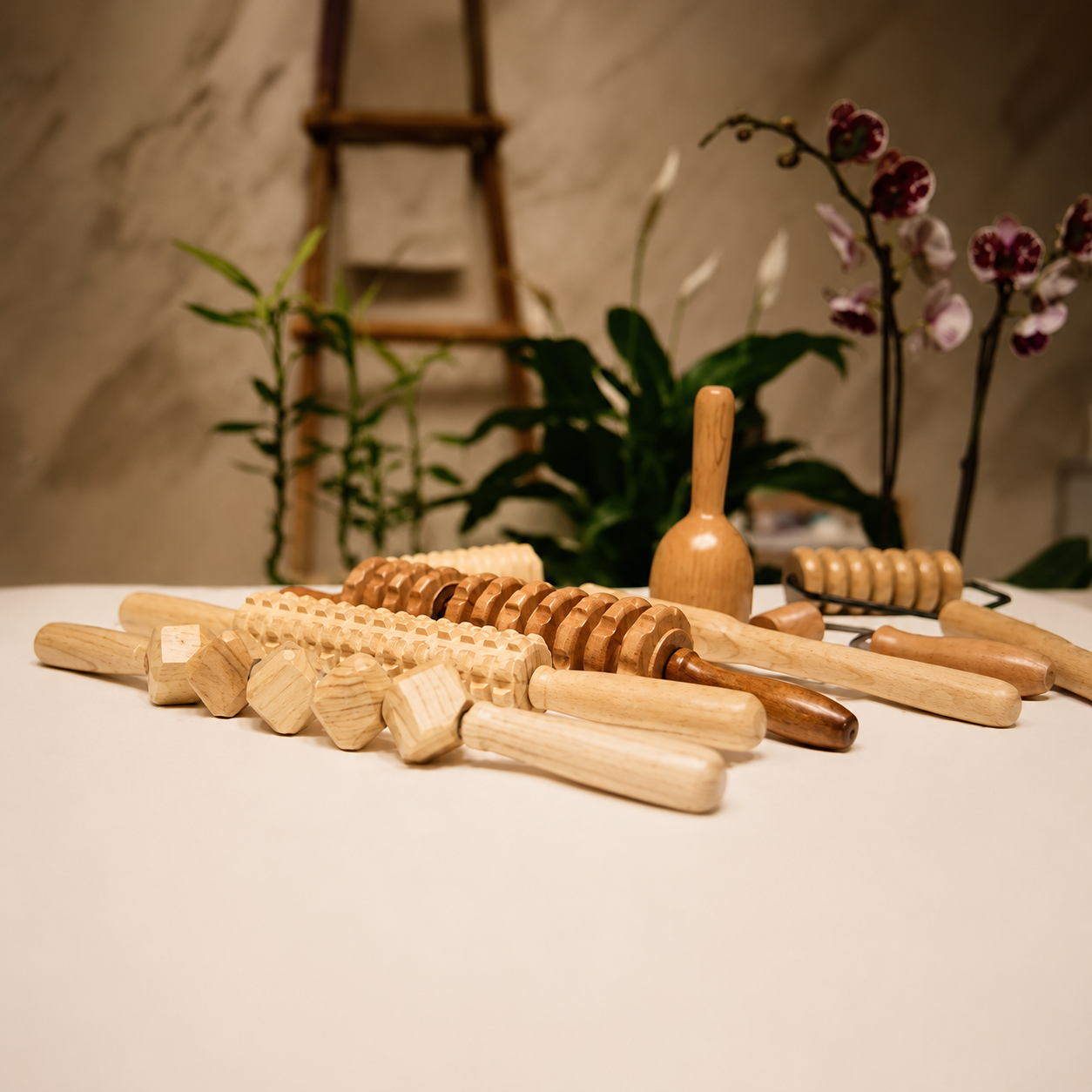 Verschiedene Holz-Werkzeuge auf einem Tisch, mit Pflanzen und einer Leiter im Hintergrund.