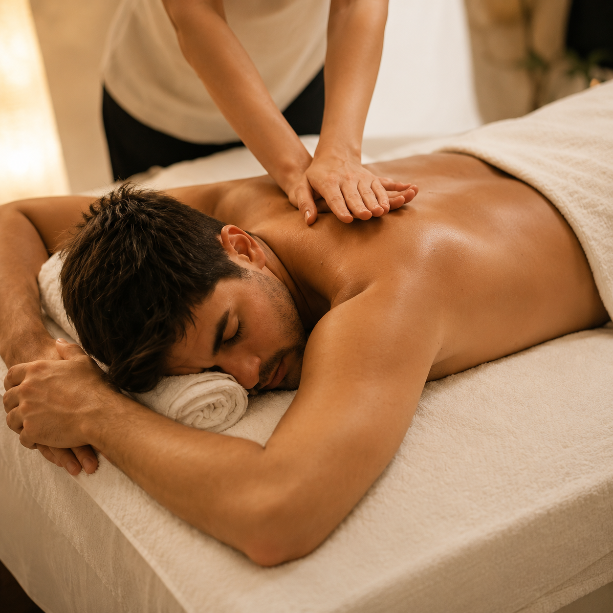 Mann erhält eine Massage auf dem Bauch im Spa.