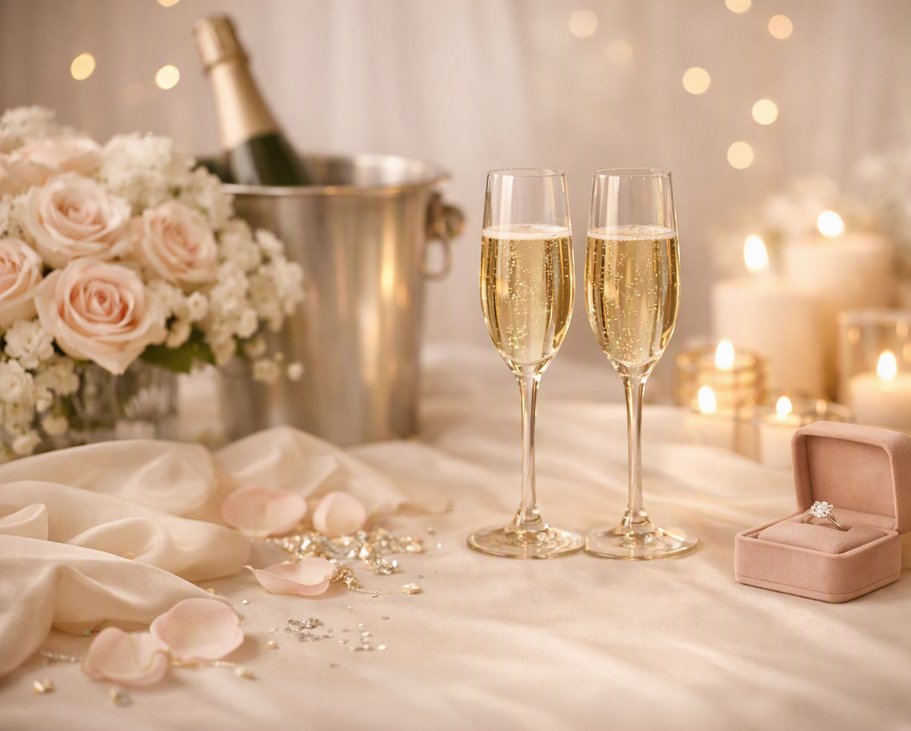 Two glasses of champagne on a wedding table with a diamond ring in a pink ring box, a bouquet of pink roses with white filler flowers, and a bottle of champagne in an ice bucket. Candles and soft lights in the background.