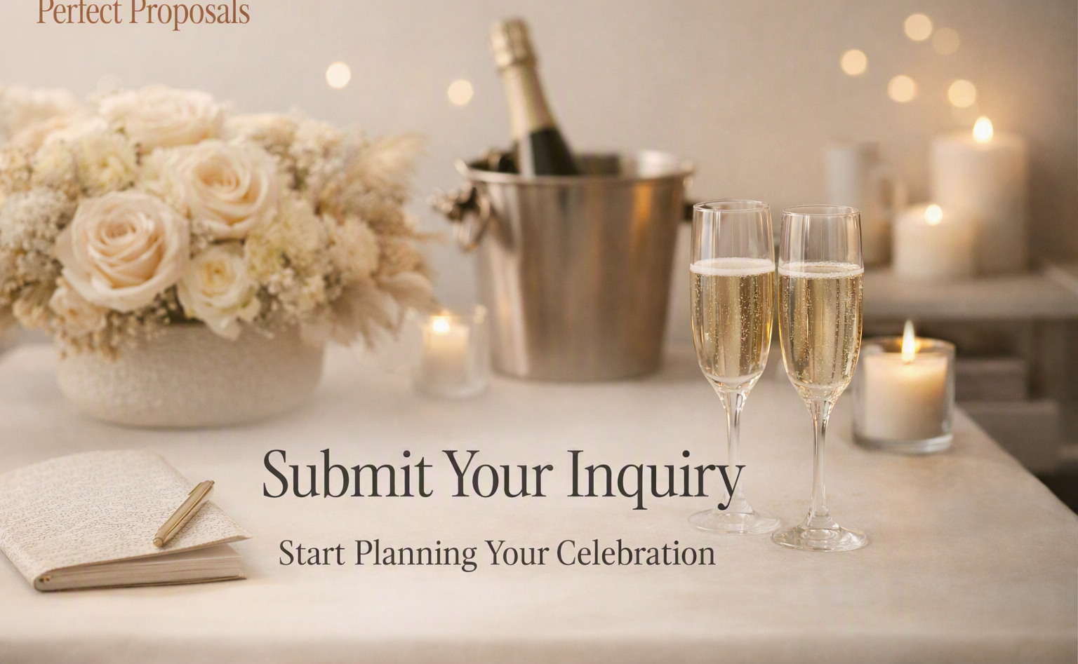 A table with a bouquet of white roses and baby's breath, two glasses of champagne, a champagne bottle in an ice bucket, candles, and a notebook with a pen. Text overlay reads 'Submit Your Inquiry' and 'Start Planning Your Celebration'.