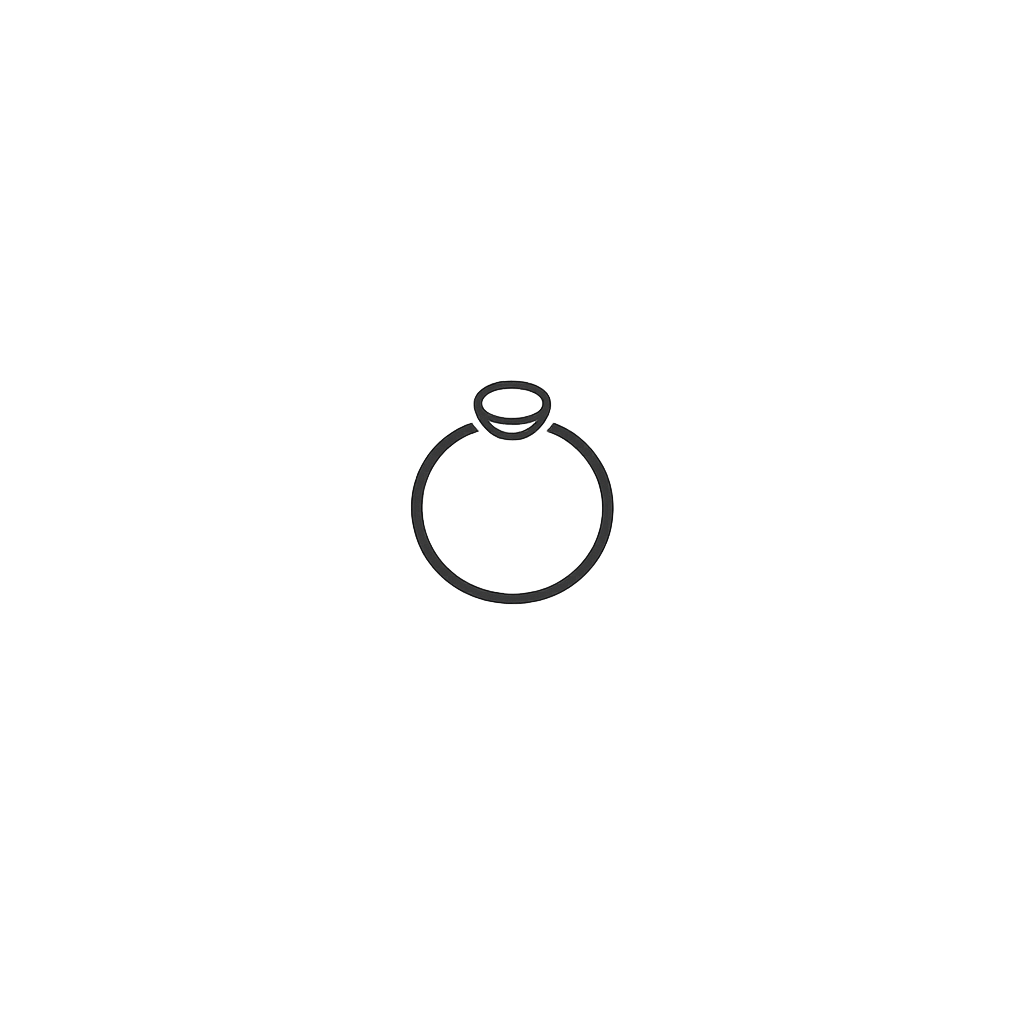 Drawing of a diamond engagement ring with a round gemstone in a prong setting, viewed from above.