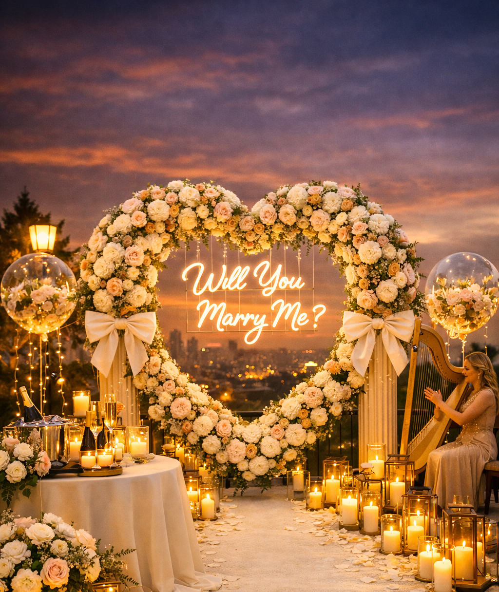 Wedding proposal setup with a large floral heart arch, candles, and a neon sign that reads "Will You Marry Me?" at sunset, with a woman sitting near a harp.