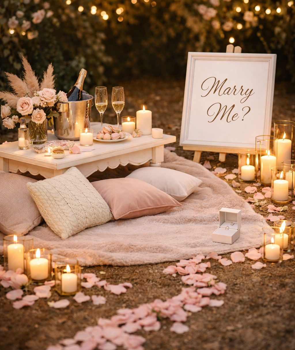 A romantic proposal setup outdoors with candles, flowers, pink rose petals, and a sign that reads "Marry Me?" After the proposal, a box with rings is placed on a plush blanket.