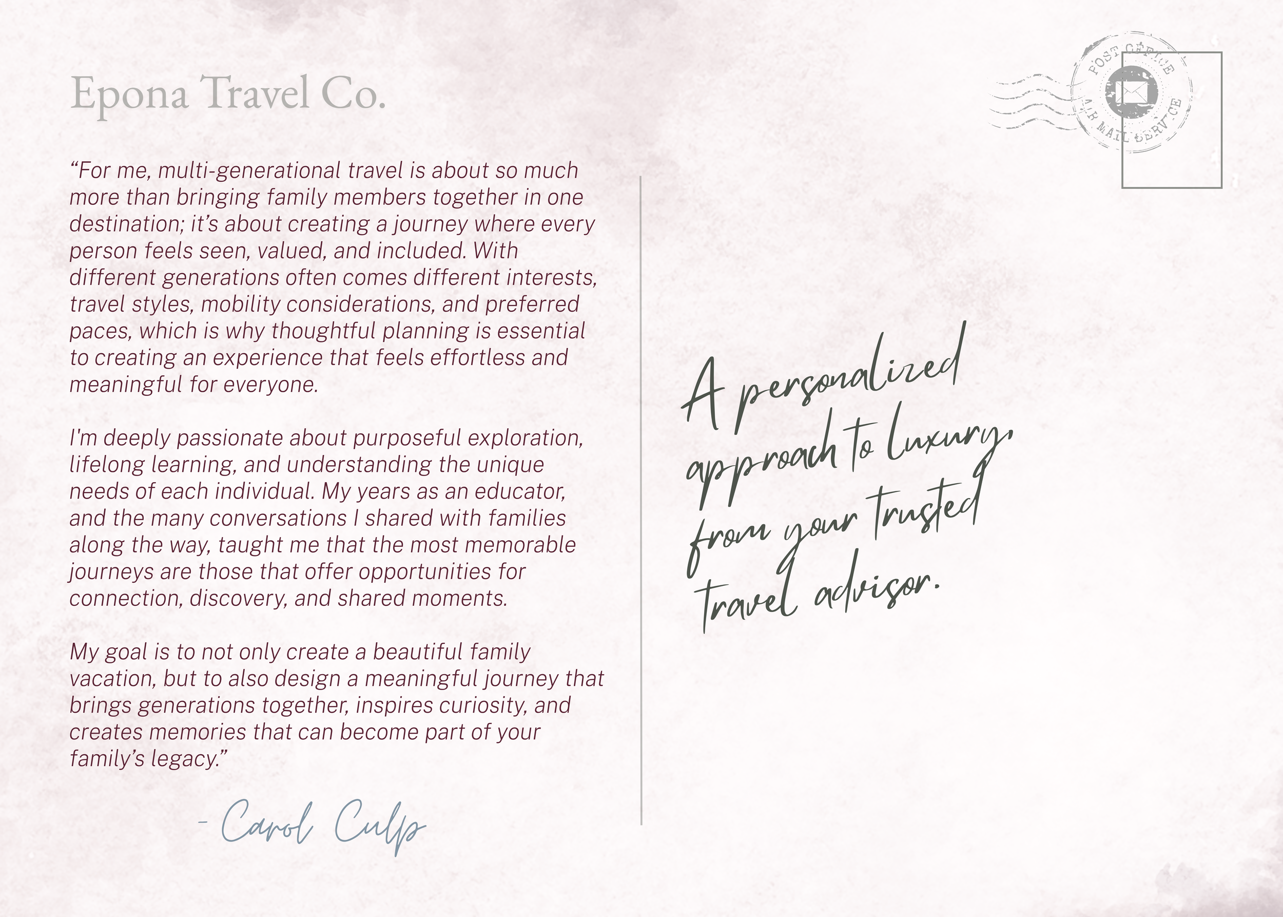Image of a travel-related quote and personal message on a light pink, textured background. The quote is about multi-generational travel, and there is a handwritten-style caption mentioning a travel advisor named Carol Culp. A postal-style stamp design is in the upper right corner.