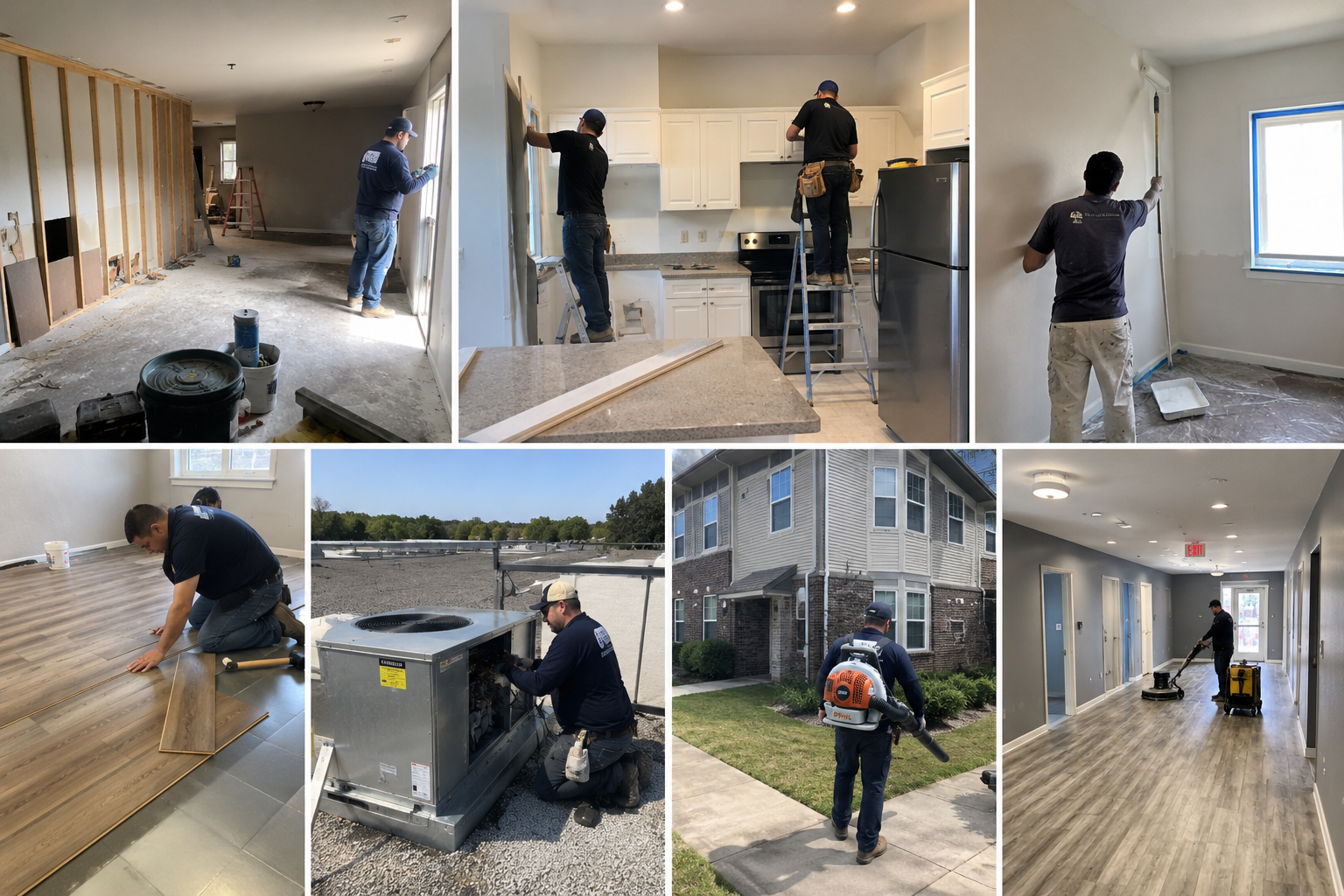 A collage of images showing various stages of home renovation and construction. Includes workers installing drywall, painting, laying flooring, working on HVAC systems, and cleaning the remodeled interior and exterior of a house.
