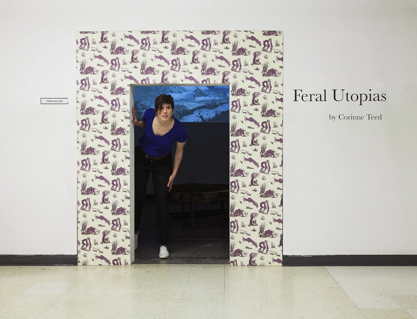 Gallery entrance with digitally designed wallpaper and fabricated gallery inset. Photo by Josh McDevitt.