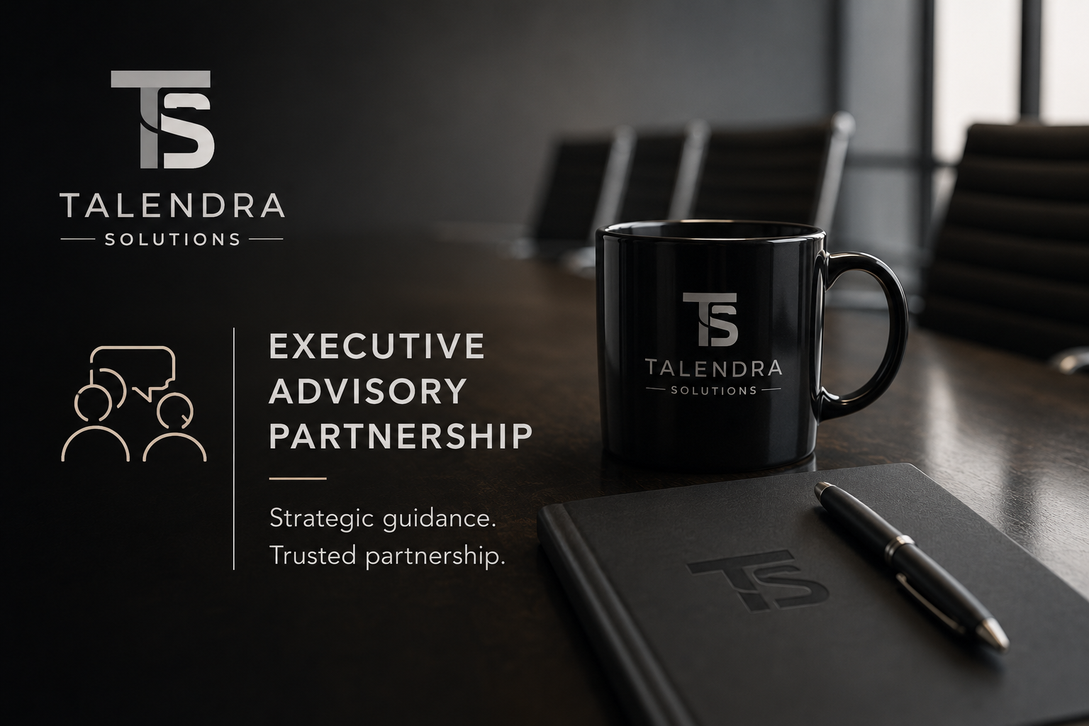 A dark conference room table features a black mug and a black notebook with a pen. The mug and notebook both display the Talendra Solutions logo. The left side of the image contains white text promoting executive advisory partnership, strategic guidance, and trusted partnership, alongside a simple icon of three people with chat bubbles.