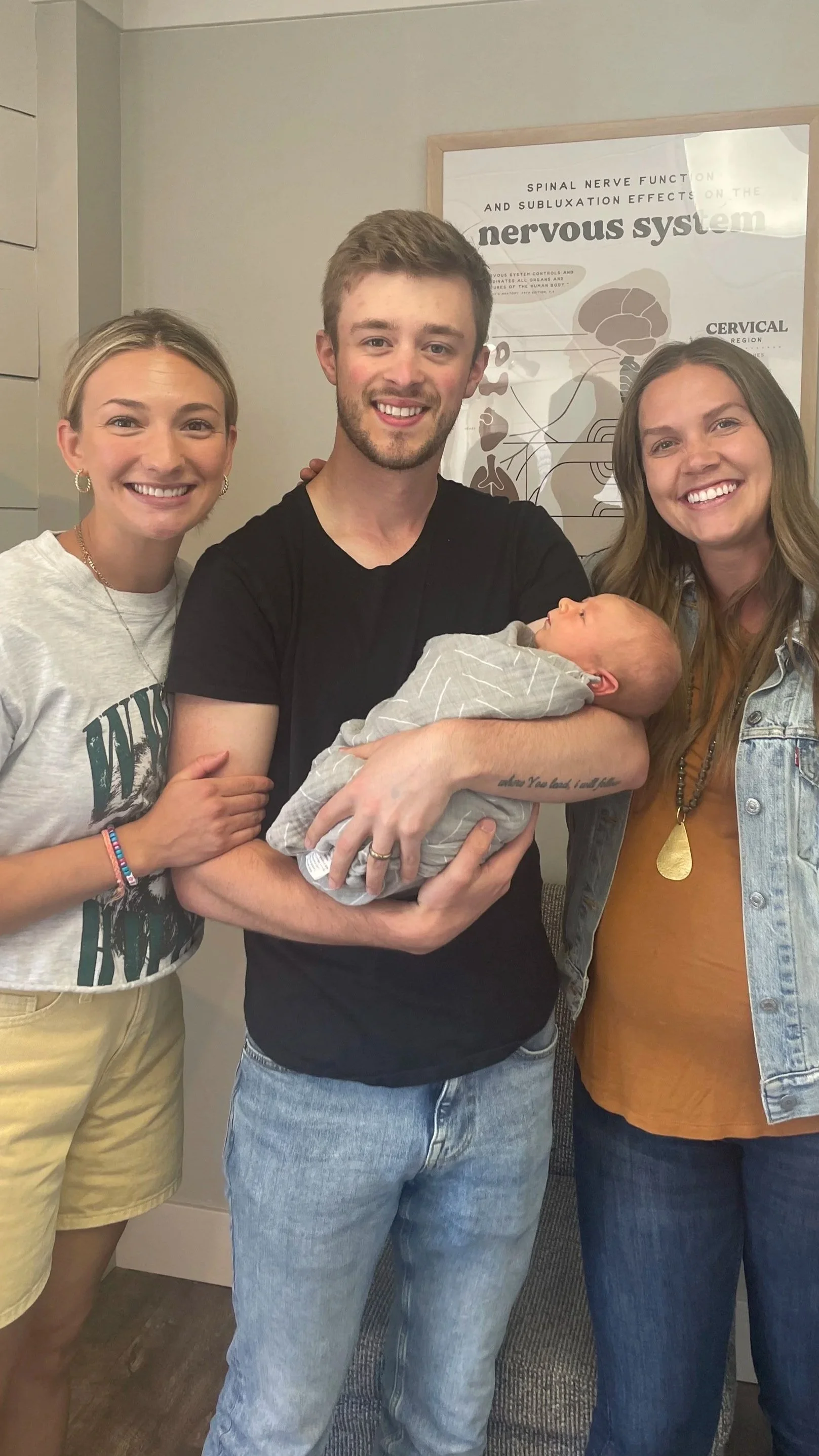 Dr. Jordan and her patients that she adjusted throughout pregnancy, and now is adjsuting newborn baby at their office in whitefish, montana