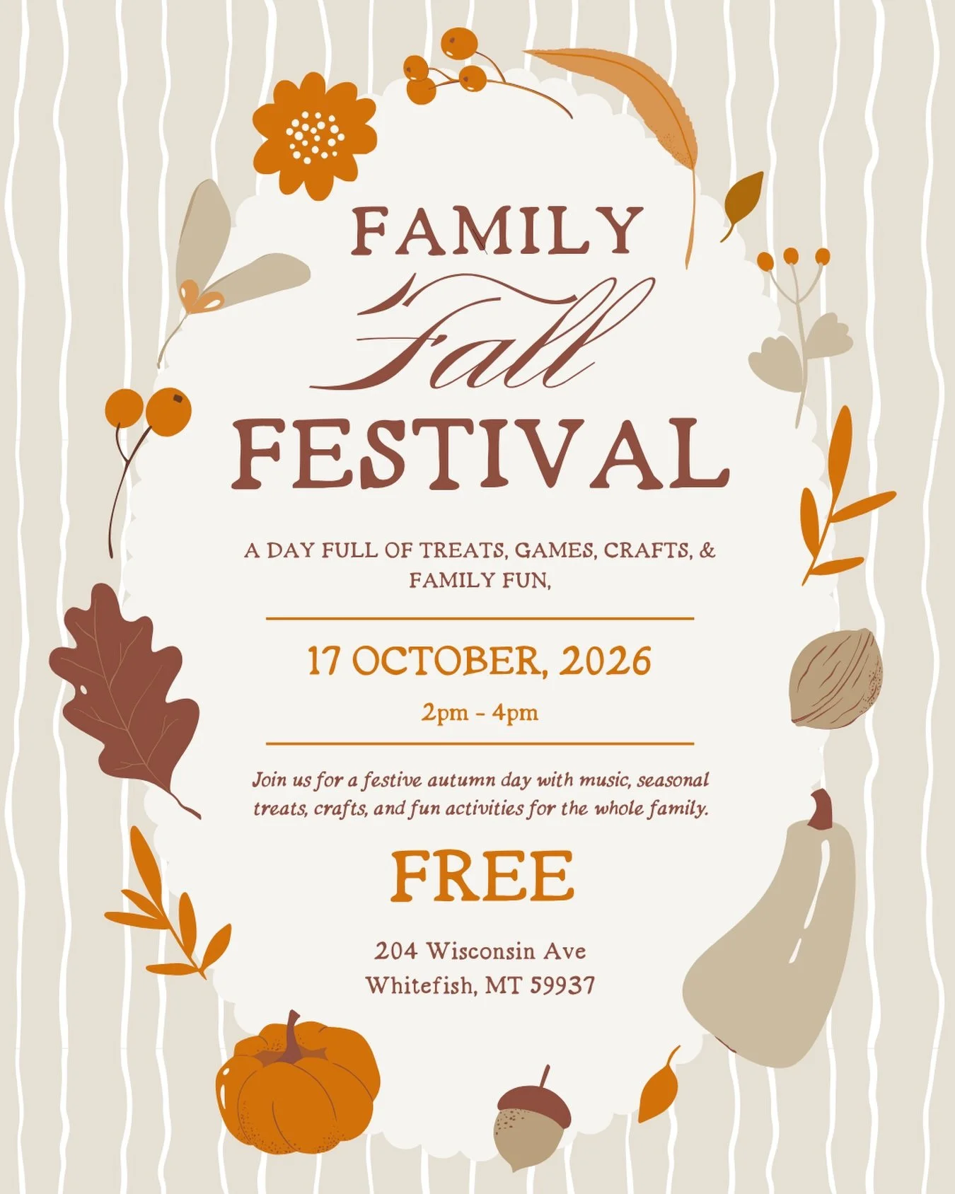 🍂🎃 FAMILY FALL FESTIVAL!! 🎃🍂

@twosparrowsfcw and @thepatiowhitefish are teaming up to bring you a festive autumn afternoon packed with treats, games, crafts, and family fun! 🍁

Grab the kids and your coziest sweater for:

🎶 Music
🍎 Seasonal t