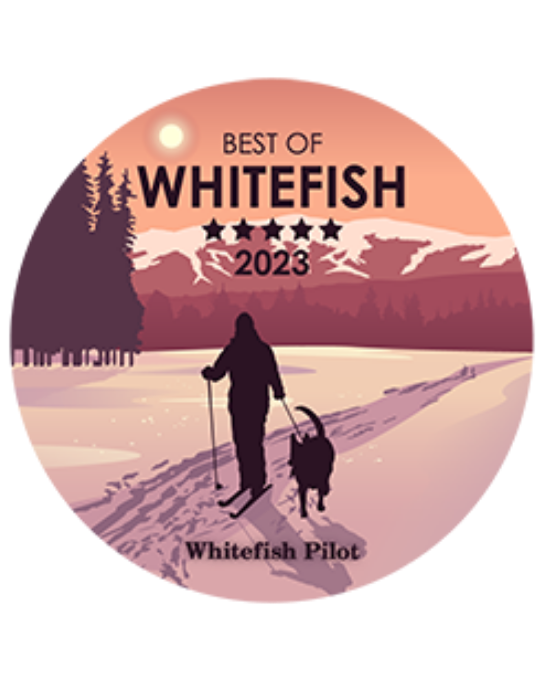 illustration of a person with a dog walking on snow-covered trail. Text reads 'Best of Whitefish 2023' with five stars. he award is recognizing Two Sparrows Family Chiropractic in Whitefish, Montana as best chiropractor.