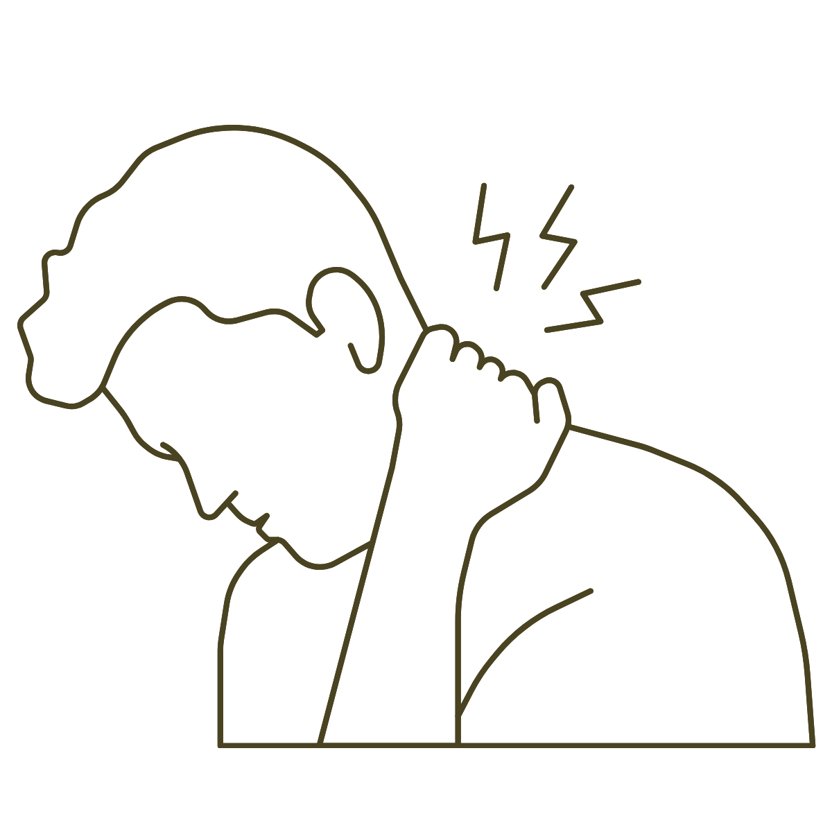Line drawing of a person with short hair holding an earbud to their ear, with sound waves emanating from the earbud.