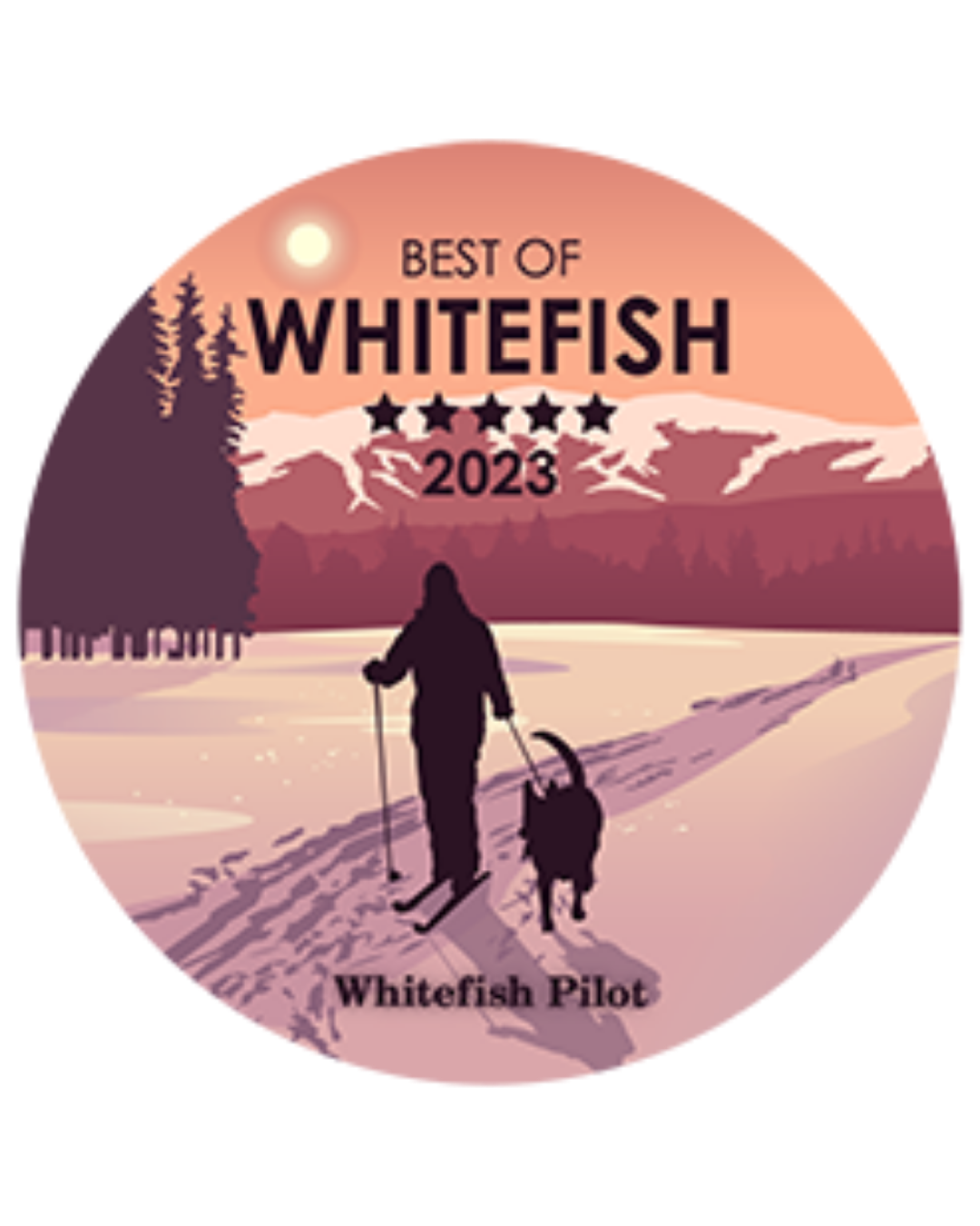 Illustration of a person and a dog skiing. Text reads 'Best of Whitefish 2023' with five stars and 'Whitefish Pilot' at the bottom. Award is recognizing Two Sparrows Family Chiropractic in Whitefish, Montana as best chiropractor.