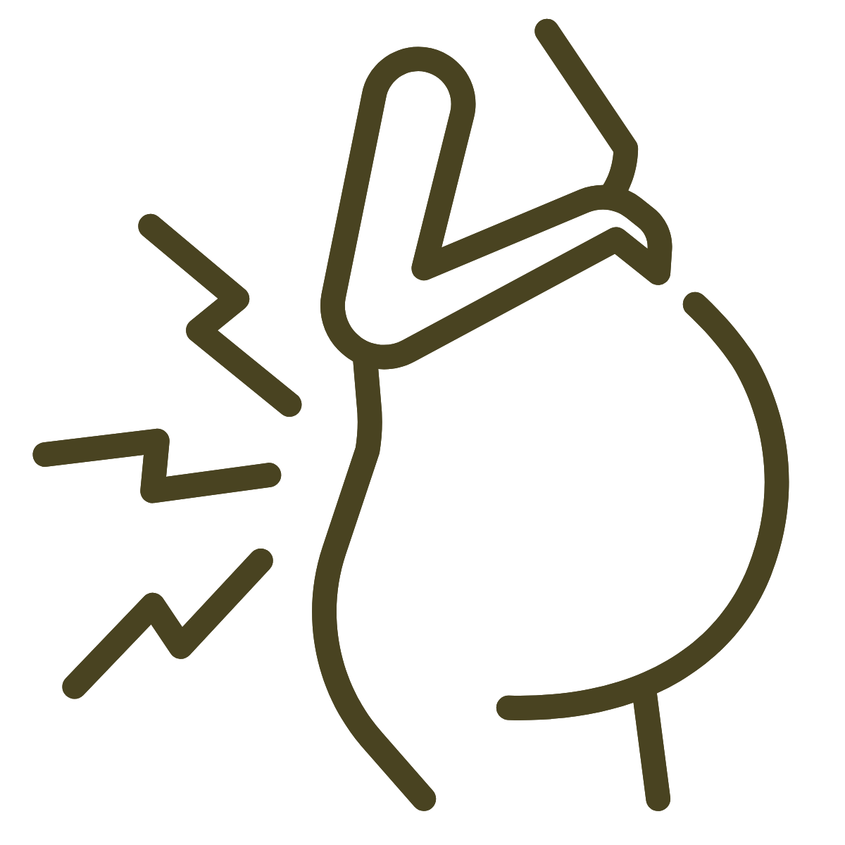 Line drawing of a human brain with lightning bolts around it, symbolizing a headache or migraine.