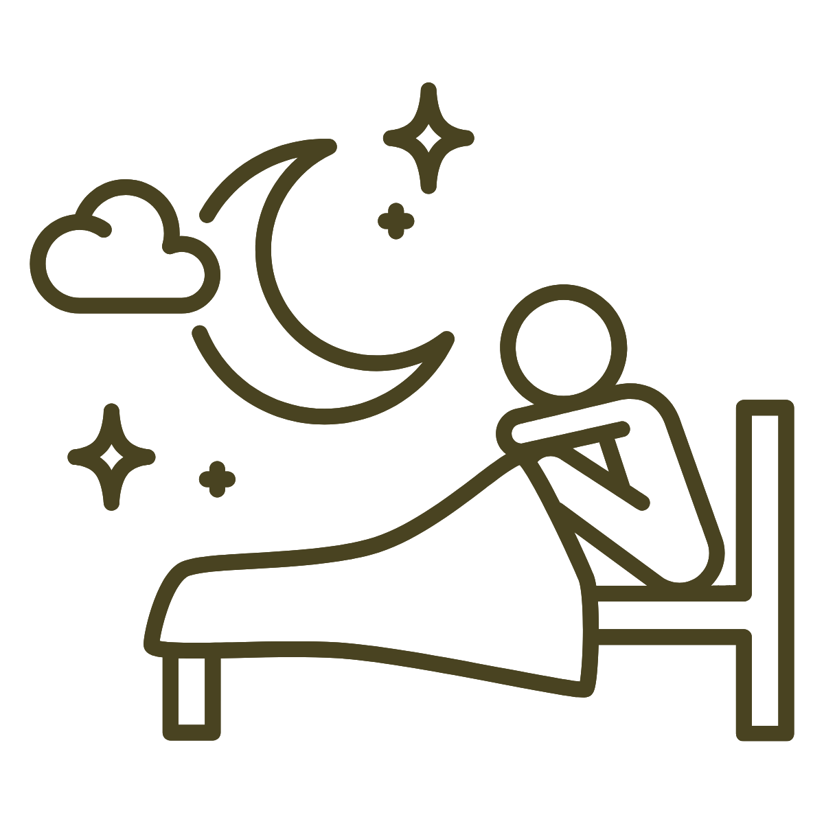 Line drawing of a person sitting on a bed, looking at the night sky with a moon, stars, clouds, and sparkles.